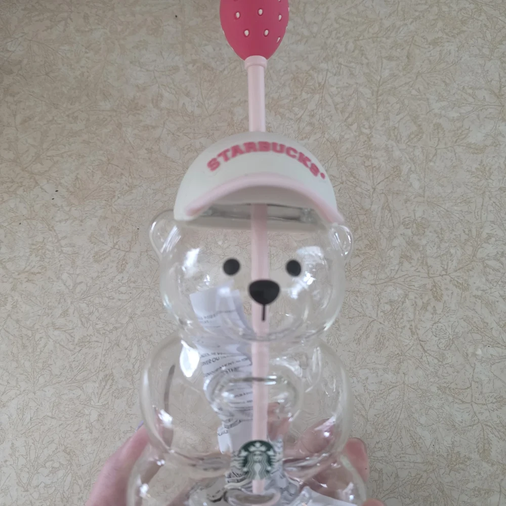Starbucks Clear Bear Glass with Pink Strawberry Straw